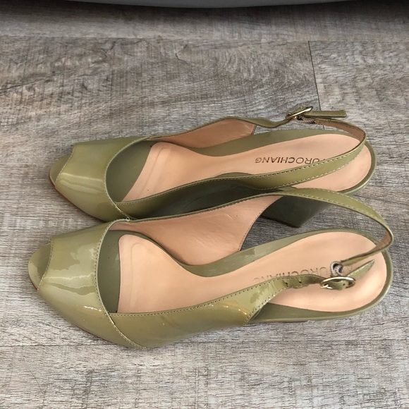 Arturo Chiang Peep Toe Green Patent Leather Wedges - Picture 5 of 5